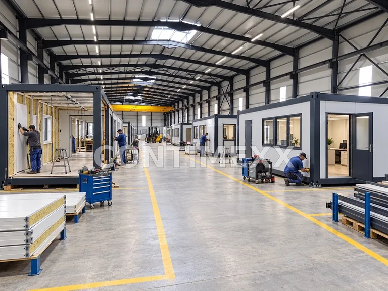 Einblick in unsere Produktionshalle mit Containermodulen in verschiedenen Fertigungsschritten