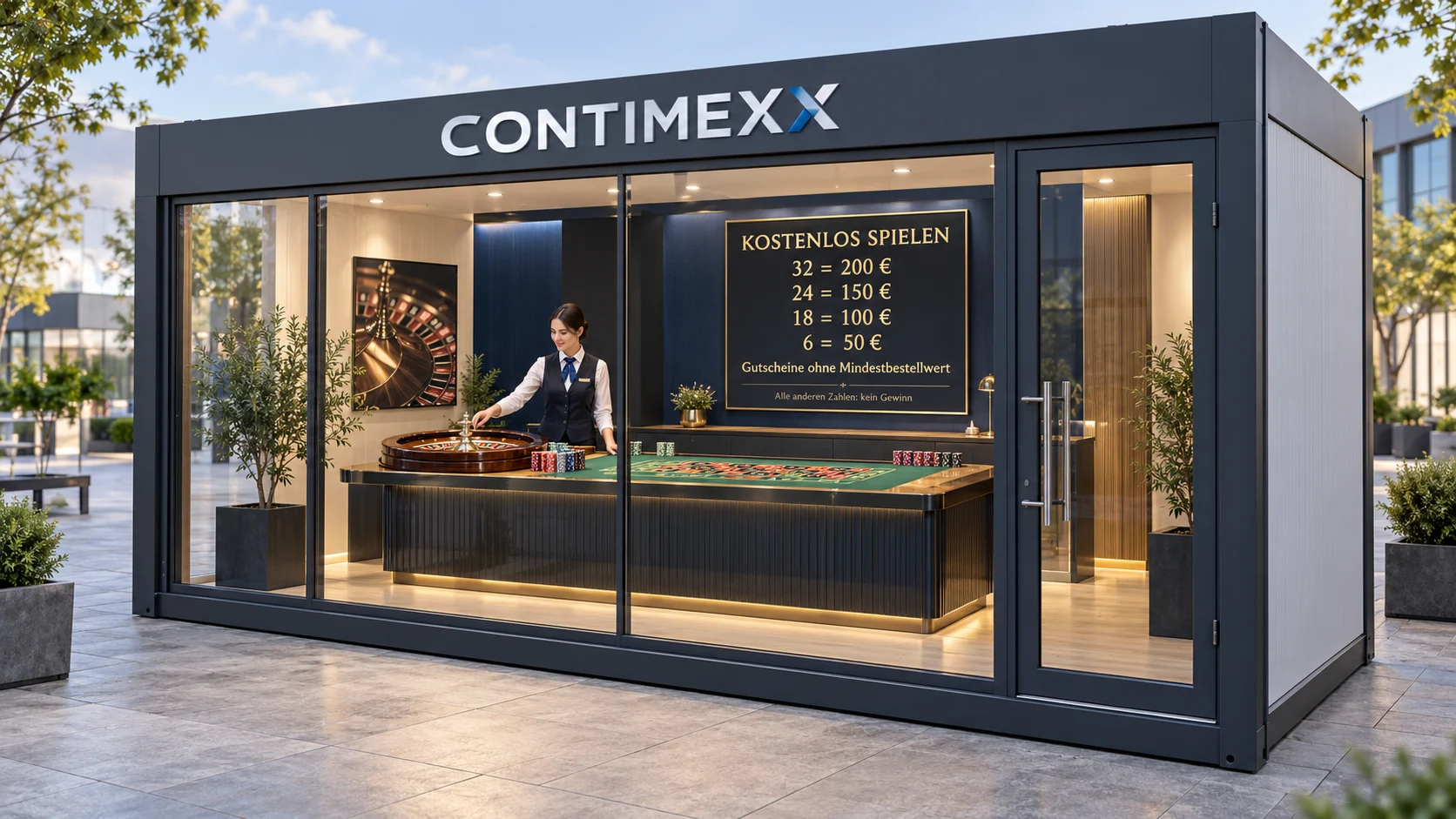 Entwurfsvisualisierung eines Contimexx-Roulettecontainers mit Glasfront